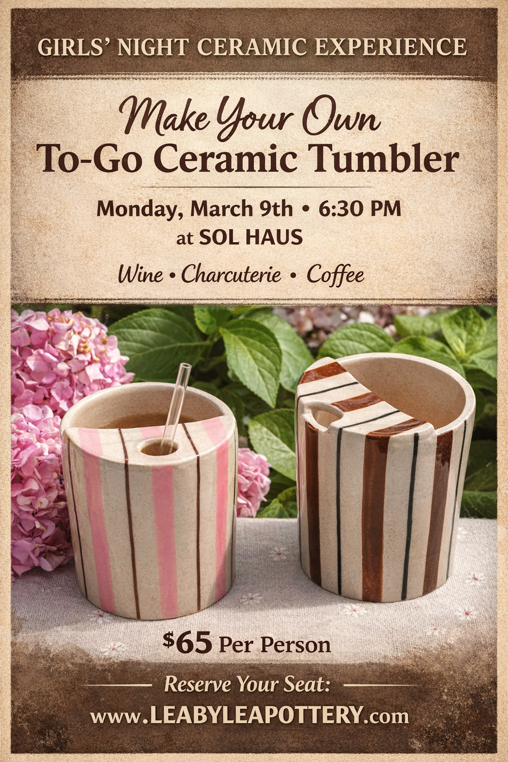 To Go Coffee Tumbler Pottery Class -March 9th @ 6:30-8:30 pm (TENTATIVE)