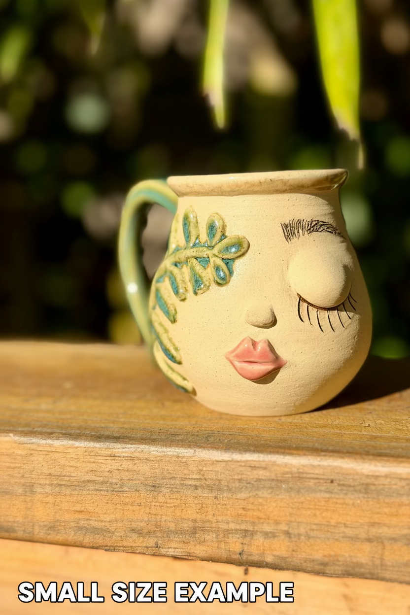 Handmade Stoneware Ceramic Pottery  mug with face and plant design sitting on a wooden surface
