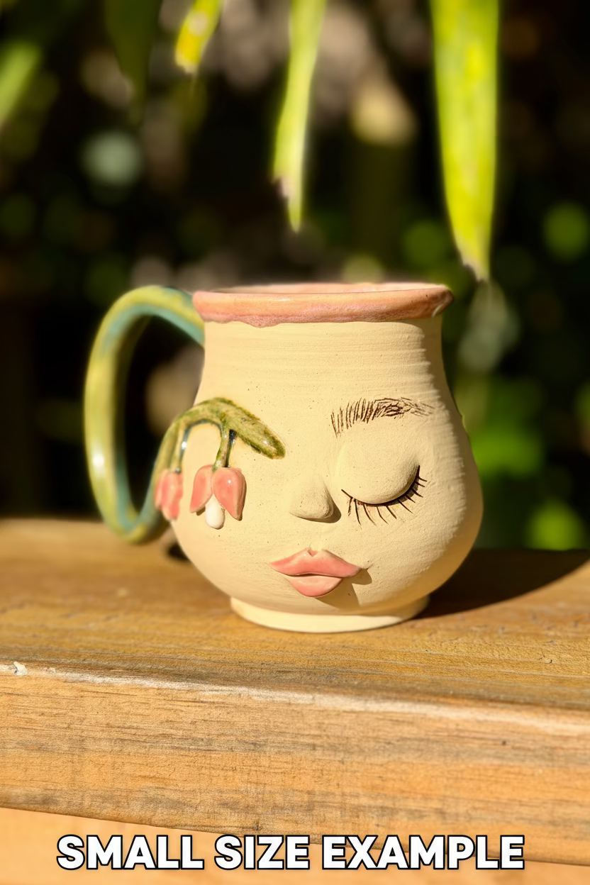 Ceramic mug with face design and flower on a wooden surface with greenery in the background
